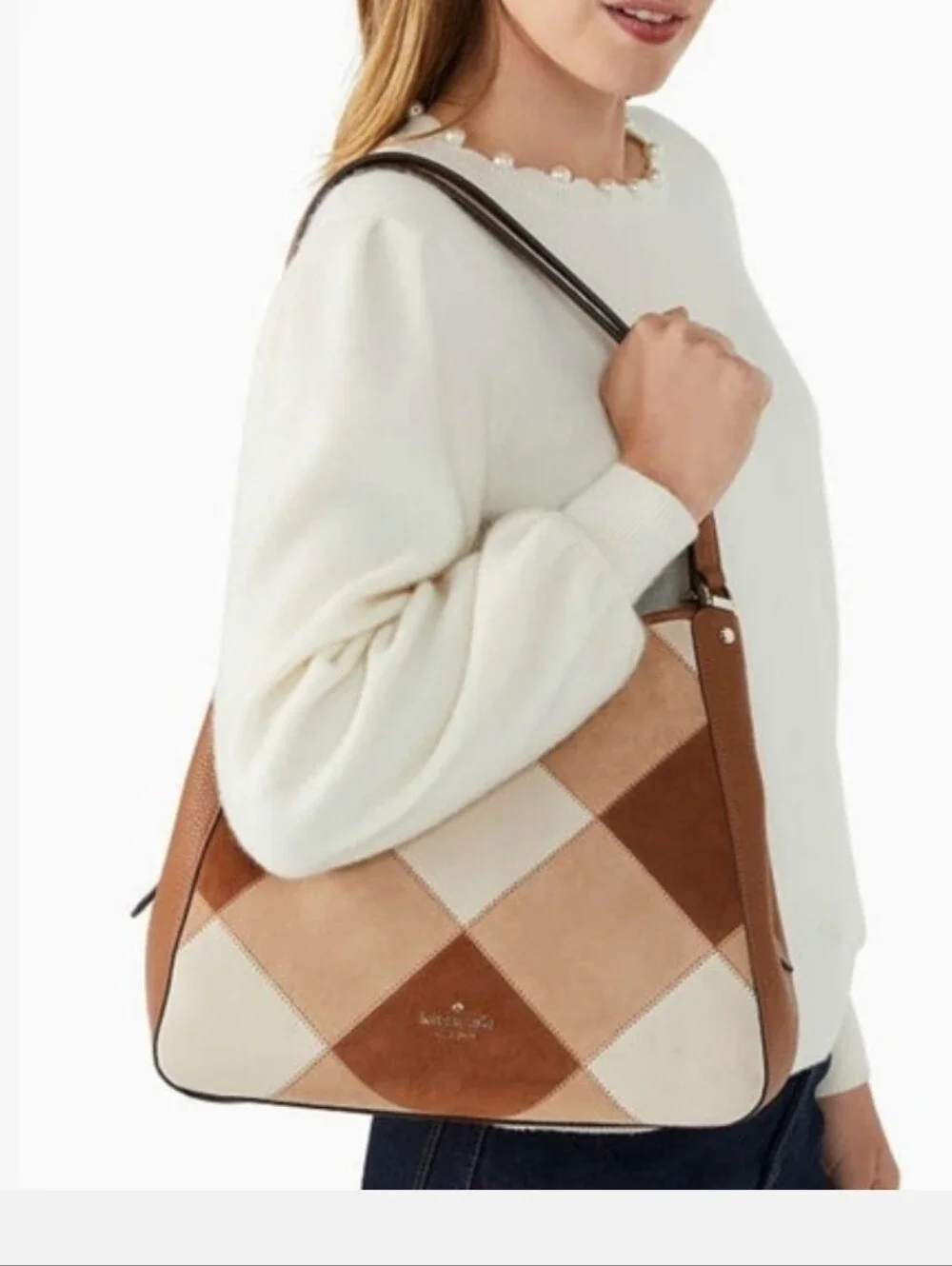 Kate Spade Brown & Tan Patchwork Leila Suede Medium Shoulder Bag EUC